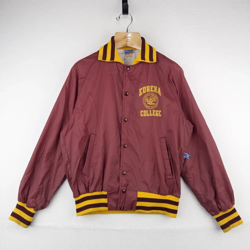 70's Vtg Champion Eureka College Nylon Varsity Jacket Medium Snap Front Made USA